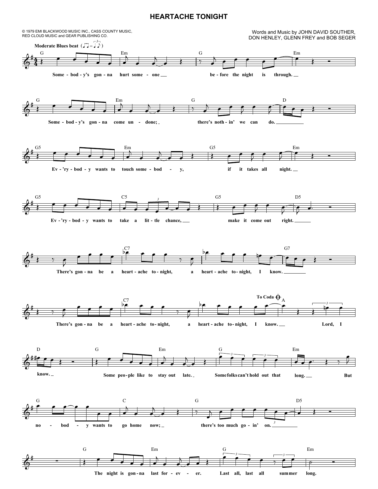 Heartache Tonight (Lead Sheet / Fake Book) von Eagles