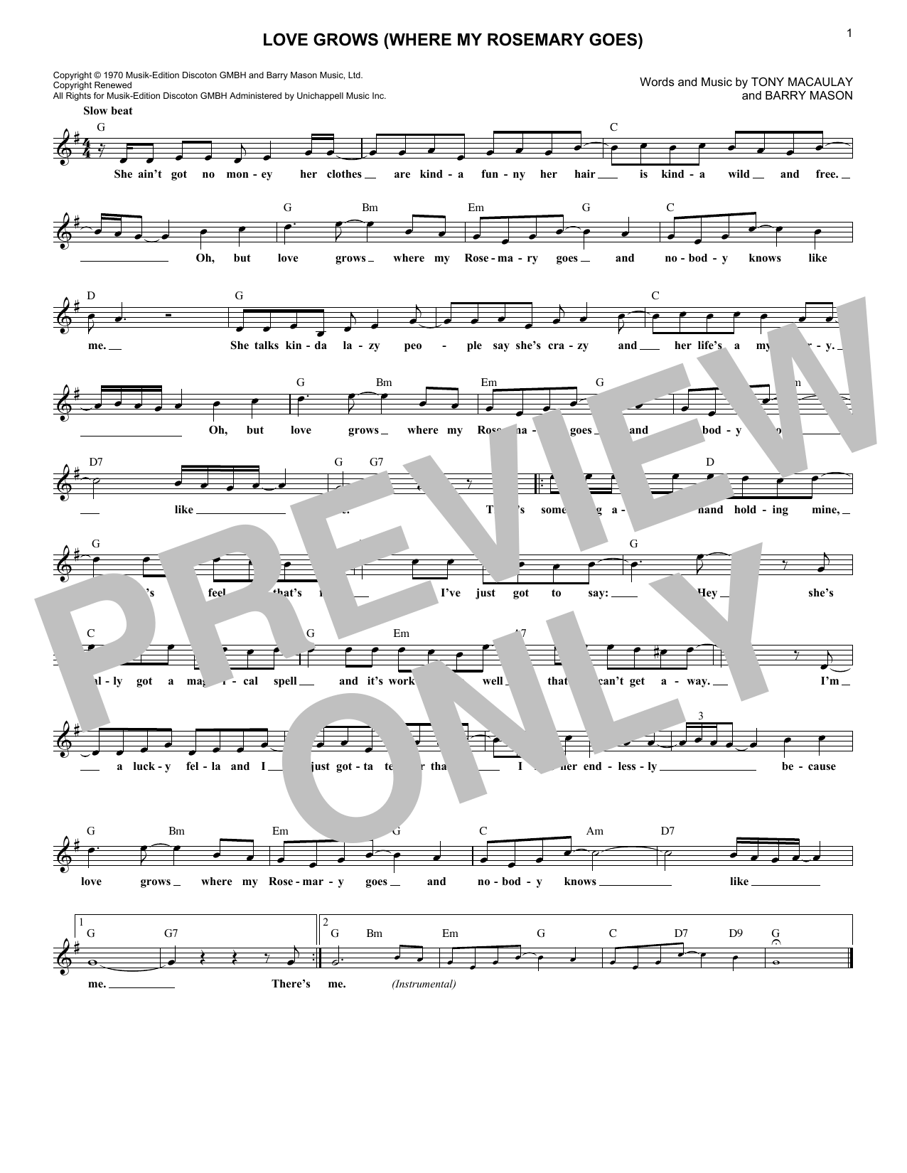 Love Grows (Where My Rosemary Goes) (Lead Sheet / Fake Book) von Edison Lighthouse