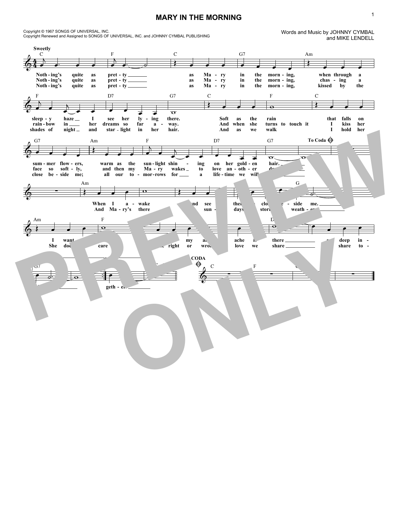 Mary In The Morning (Lead Sheet / Fake Book) von Johnny Cymbal
