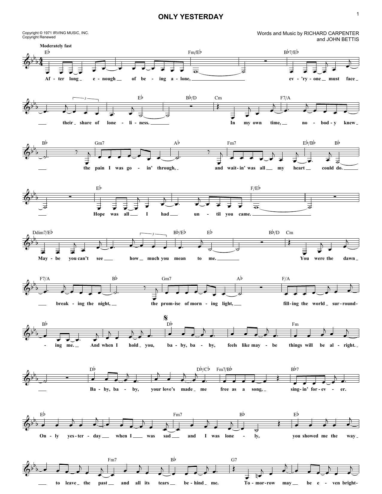 Only Yesterday (Lead Sheet / Fake Book) von The Carpenters