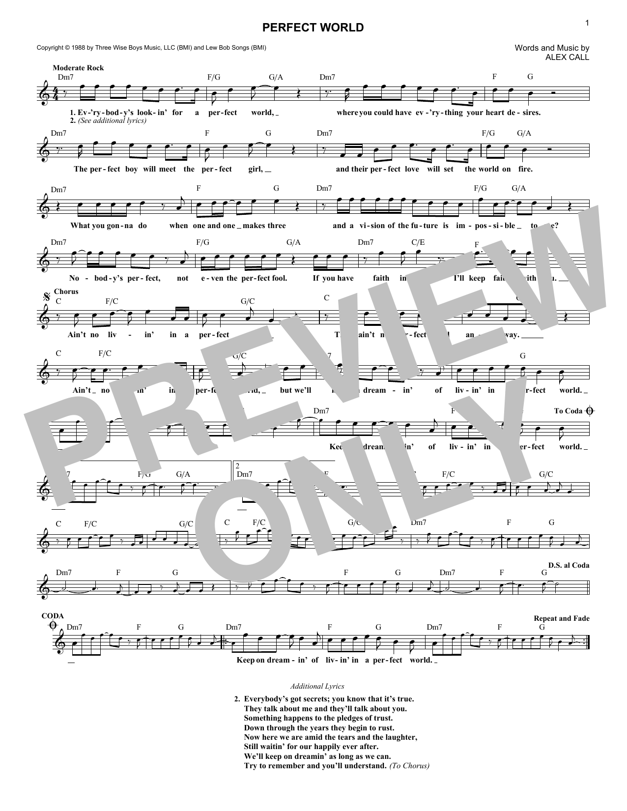 Perfect World (Lead Sheet / Fake Book) von Huey Lewis & The News