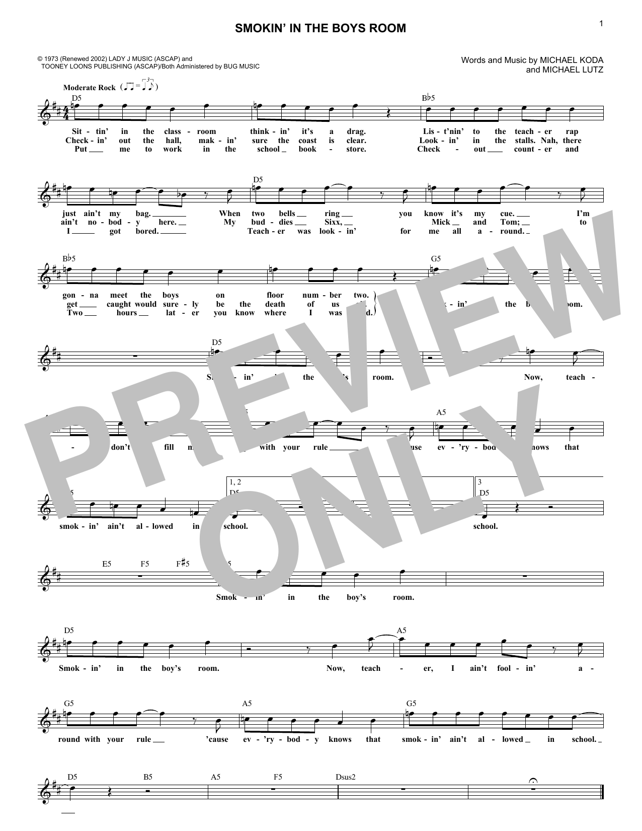 Smokin' In The Boys Room (Lead Sheet / Fake Book) von Brownsville Station