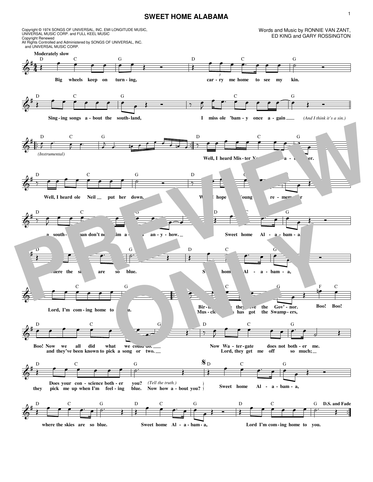 Sweet Home Alabama (Lead Sheet / Fake Book) von Lynyrd Skynyrd