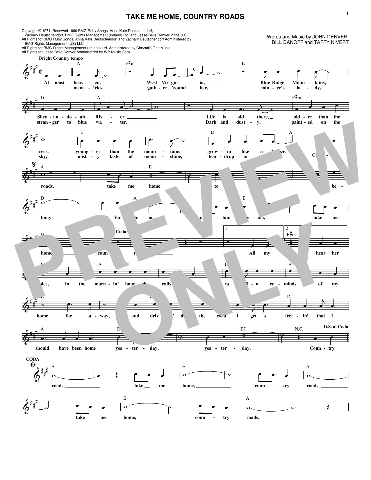 Take Me Home, Country Roads (Lead Sheet / Fake Book) von John Denver