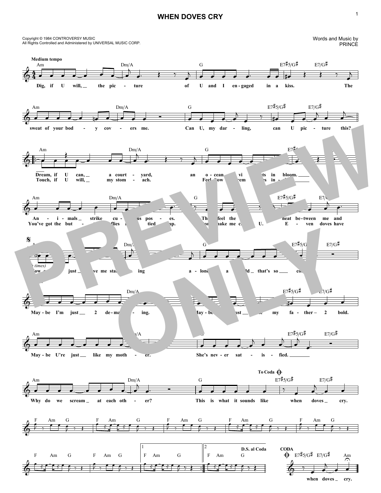 When Doves Cry (Lead Sheet / Fake Book) von Prince