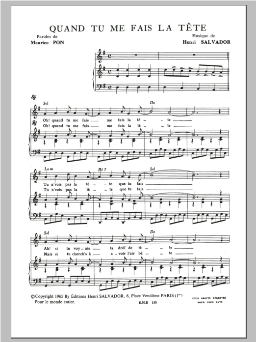 Quand Tu Me Fais La Tete (Piano & Vocal) von Henri Salvador