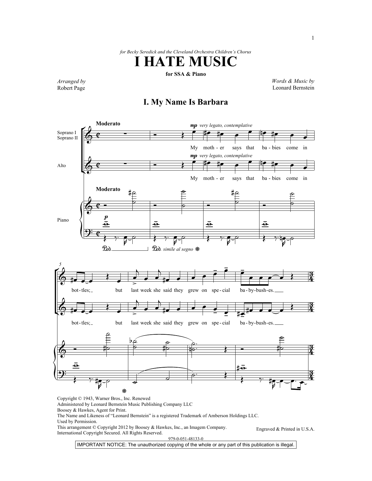 I Hate Music (arr. Robert Page) (SSA Choir) von Leonard Bernstein