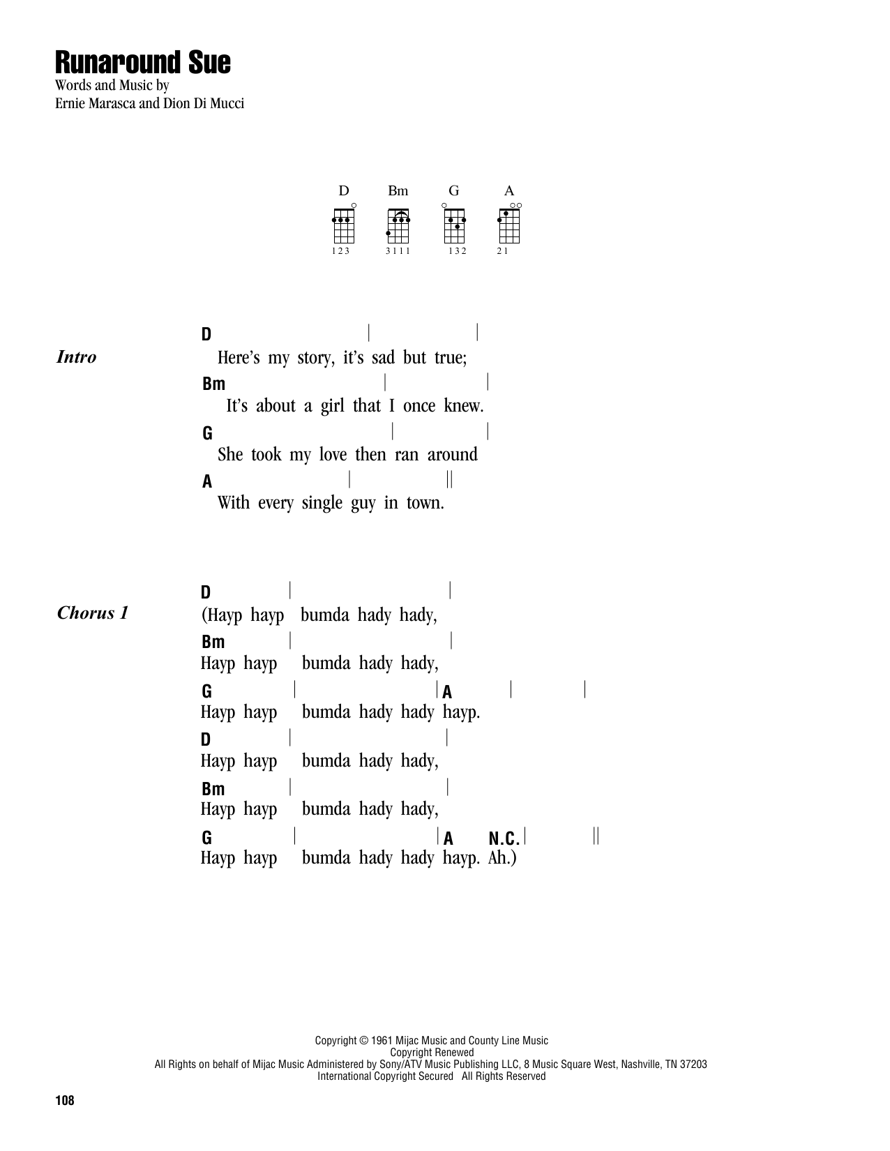 Runaround Sue (Ukulele Chords/Lyrics) von Dion