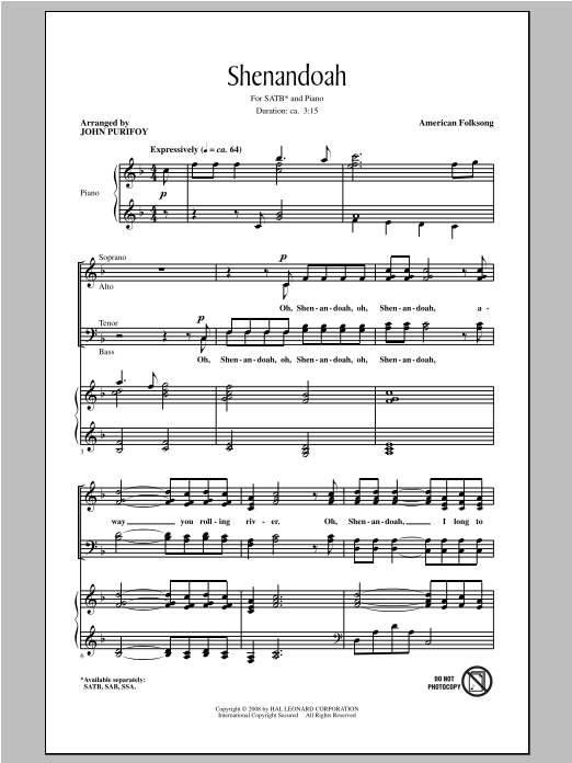 Shenandoah (SATB Choir) von John Purifoy