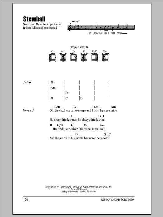 Stewball (Guitar Chords/Lyrics) von Peter, Paul & Mary