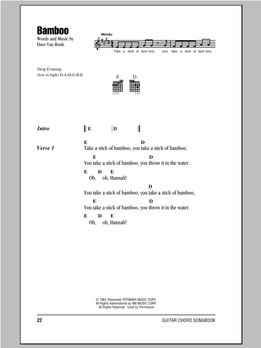 Bamboo (Guitar Chords/Lyrics) von Peter, Paul & Mary