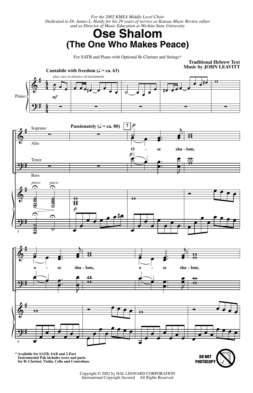 Ose Shalom (The One Who Makes Peace) (SATB Choir) von John Leavitt