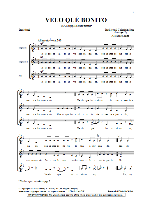 Velo Que Bonito (SSA Choir) von Alejandro Zuleta