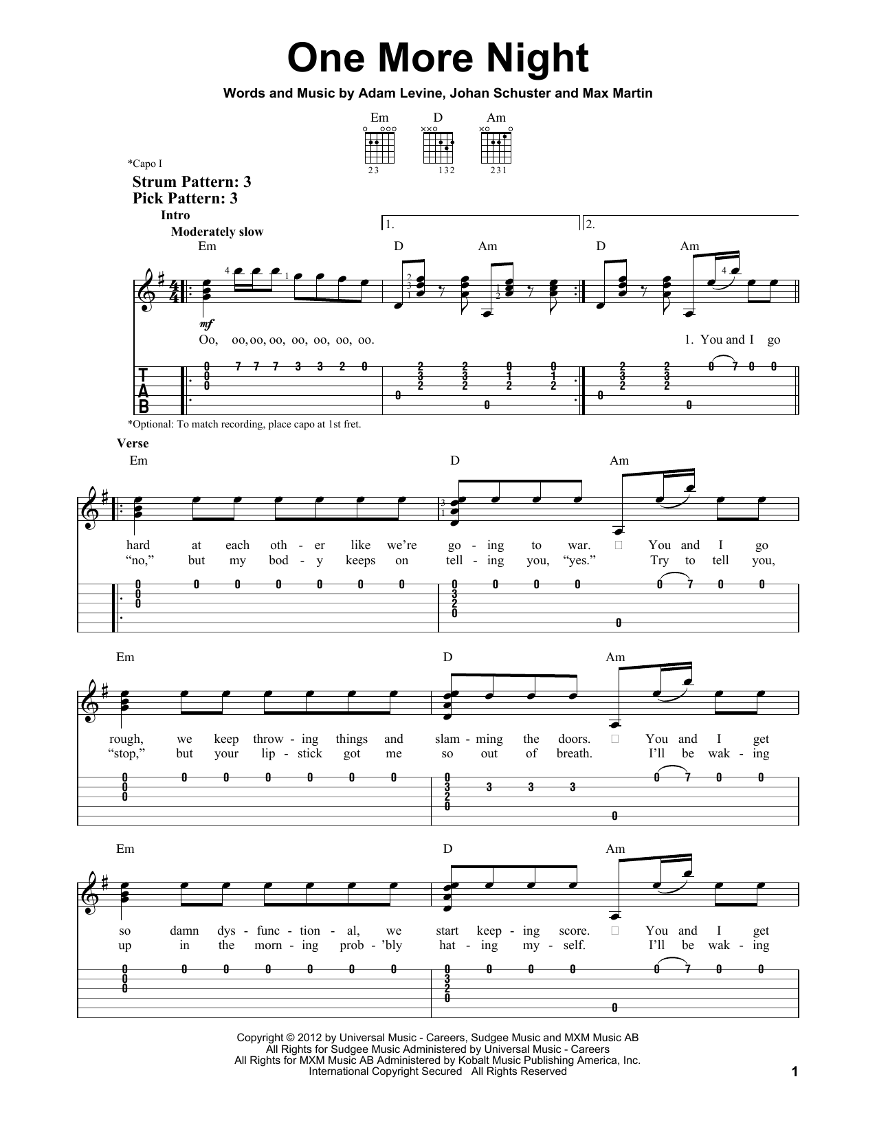 One More Night (Easy Guitar Tab) von Maroon 5