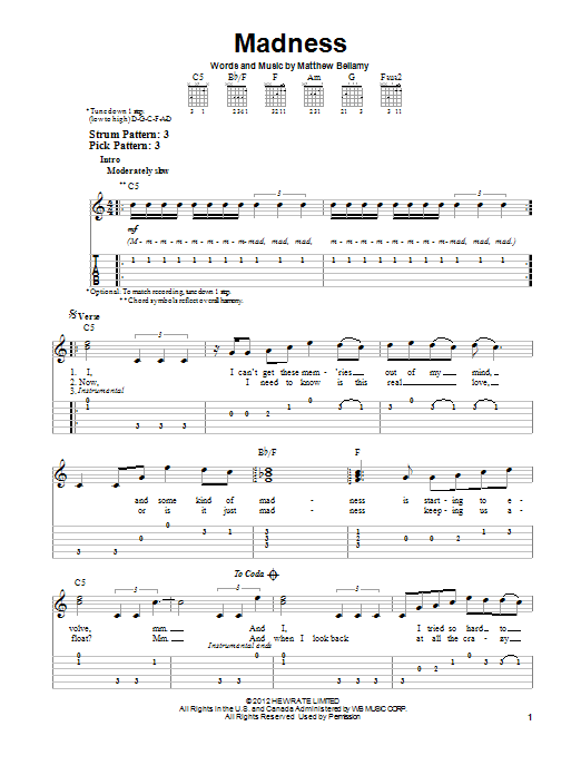 Madness (Easy Guitar Tab) von Muse