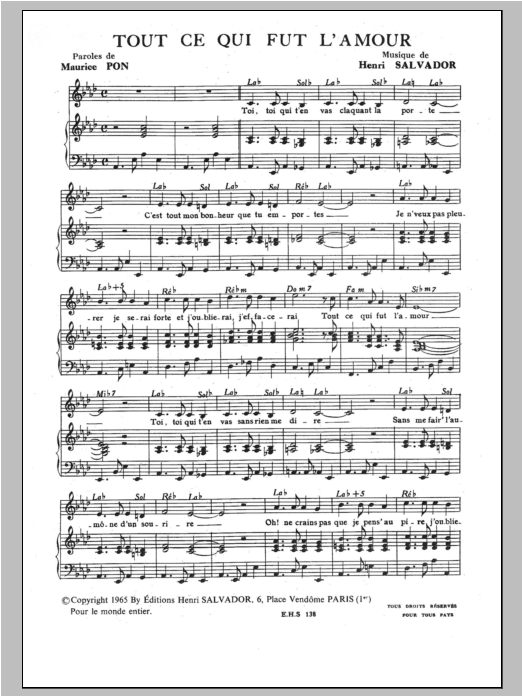 Tout Ce Qui Fut L'amour (Piano & Vocal) von Henri Salvador