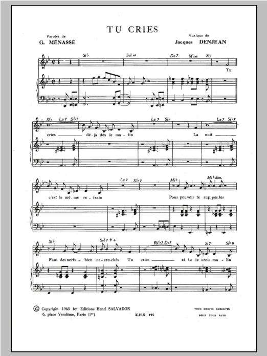 Tu Cries (Piano & Vocal) von Henri Salvador