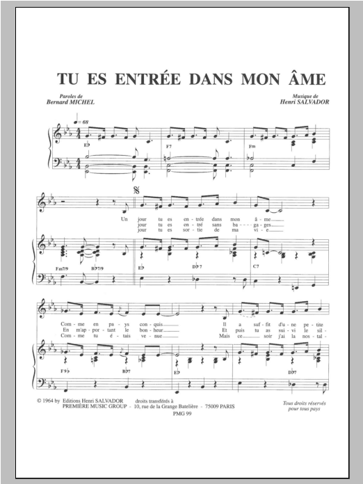Tu Es Entree Dans Mon Ame (Piano & Vocal) von Henri Salvador