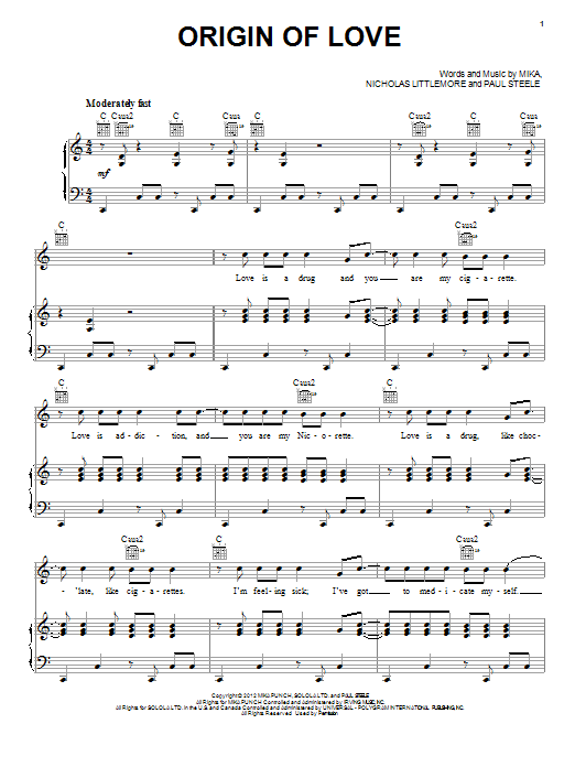 Origin Of Love (Piano, Vocal & Guitar Chords (Right-Hand Melody)) von Mika