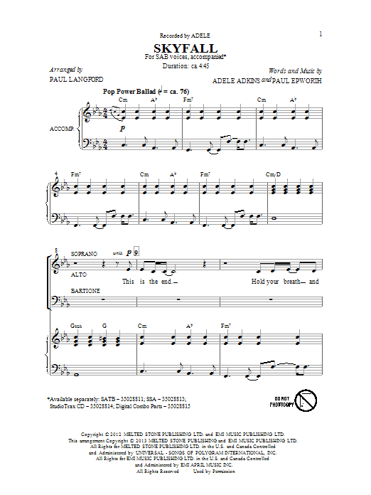 Skyfall (arr. Paul Langford) (SAB Choir) von Adele
