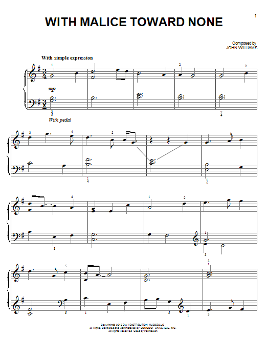 With Malice Toward None (Easy Piano) von John Williams