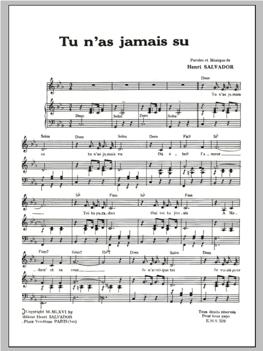 Tu N'as Jamais Su (Piano & Vocal) von Henri Salvador