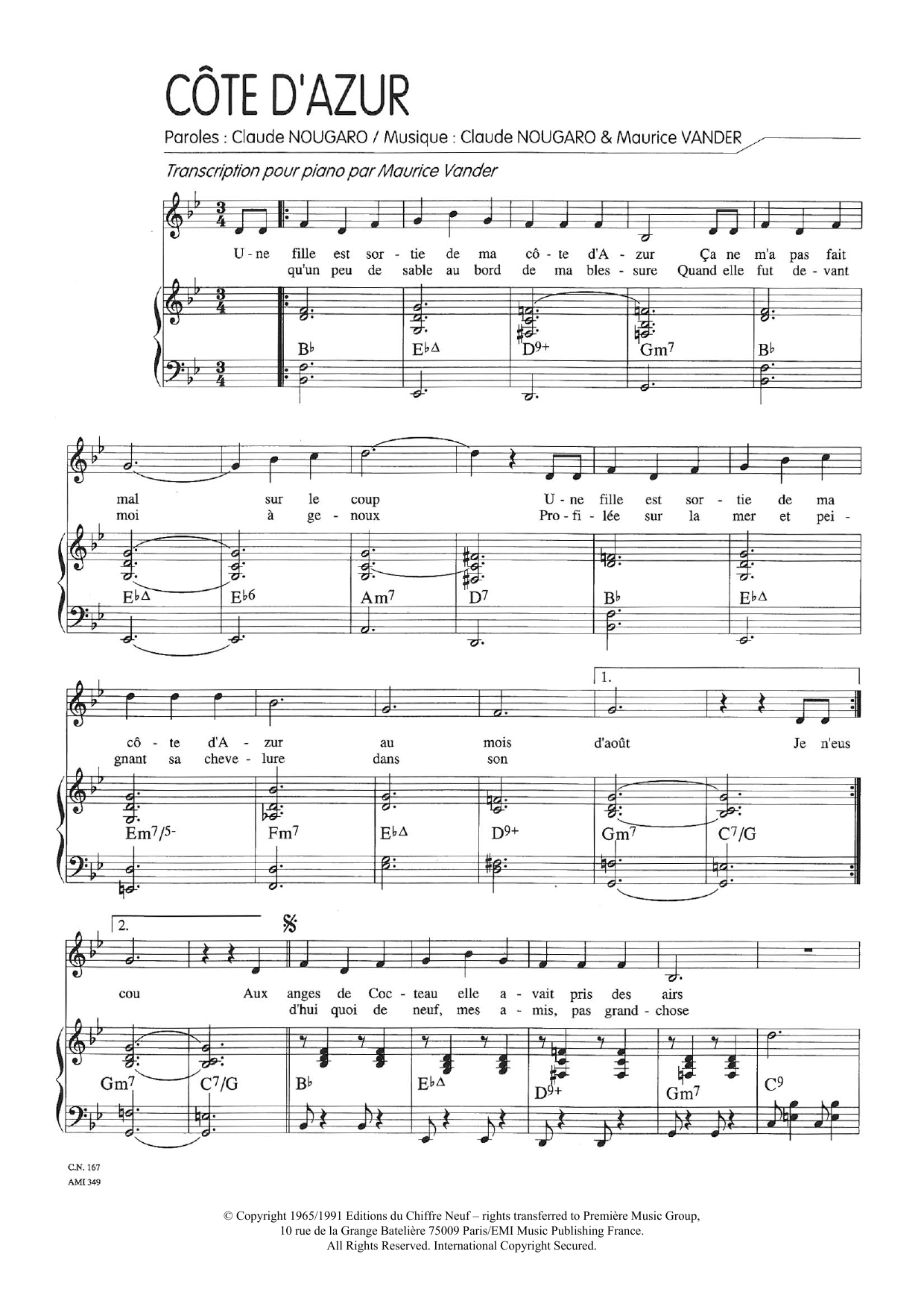 Cote D'azur (Piano & Vocal) von Claude Nougaro