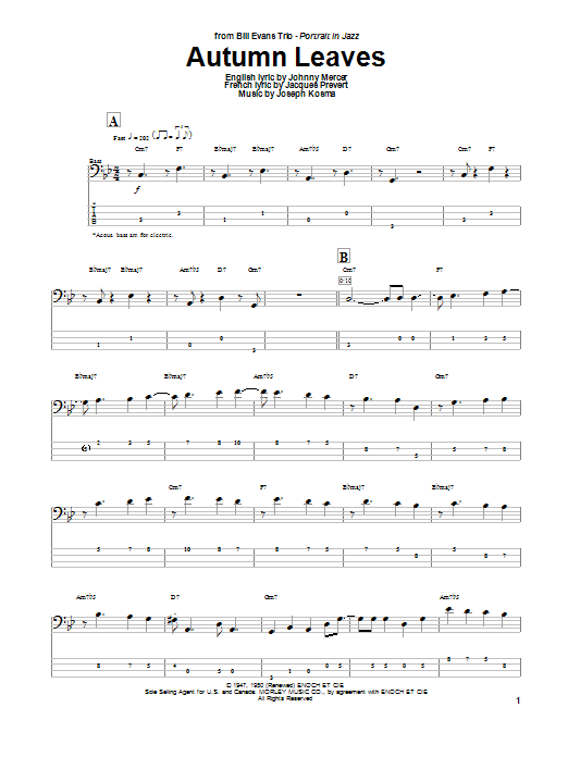 Autumn Leaves (Bass Guitar Tab) von Johnny Mercer