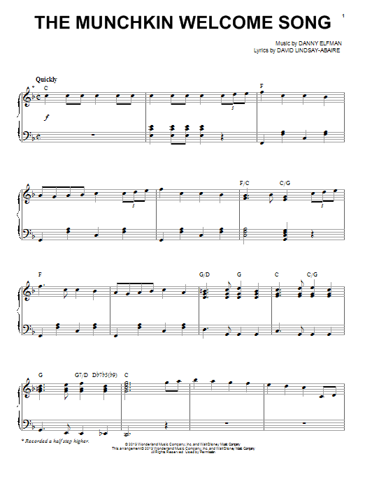 The Munchkin Welcome Song (Piano, Vocal & Guitar Chords (Right-Hand Melody)) von Danny Elfman