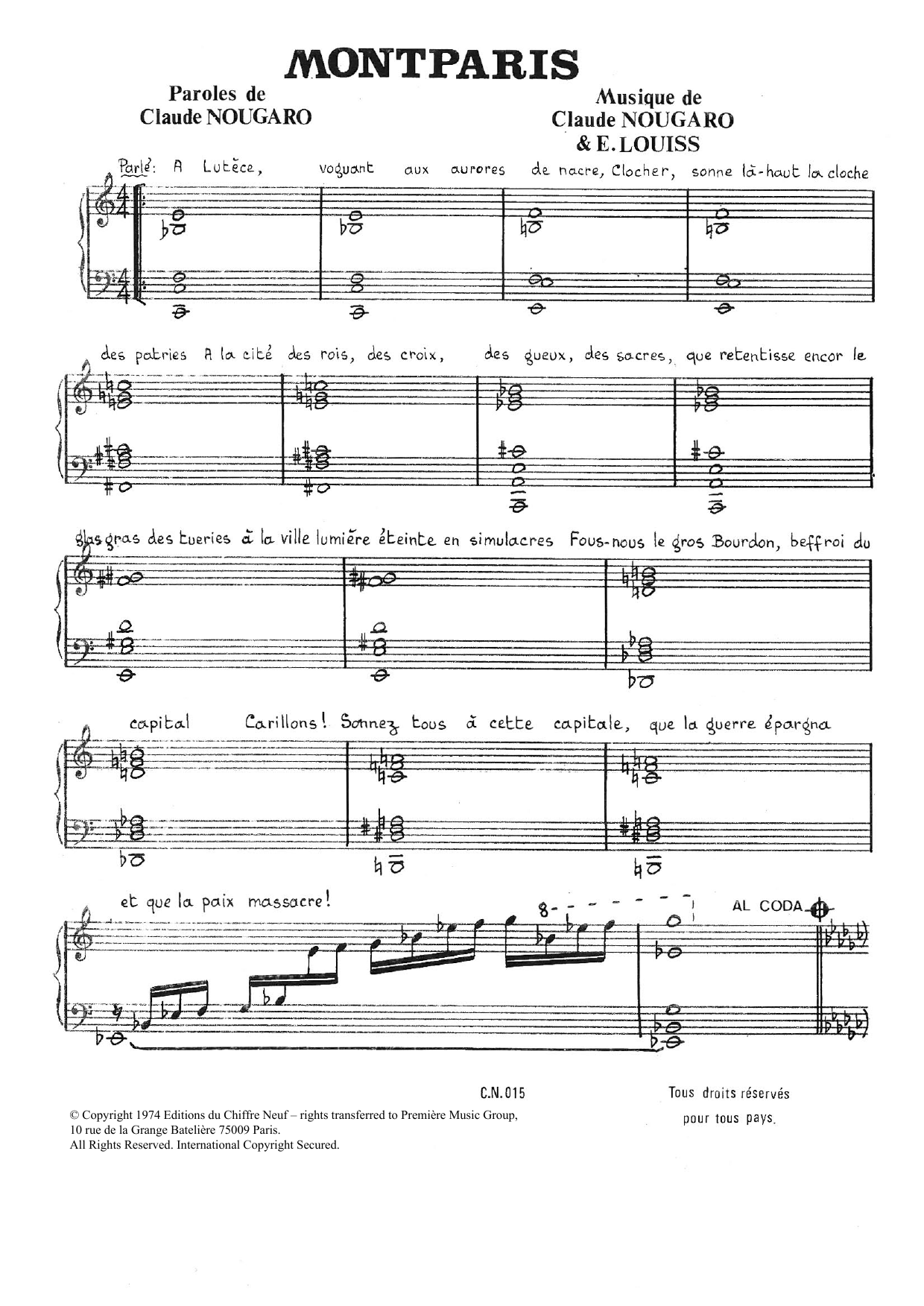 Montparis (Piano & Vocal) von Claude Nougaro
