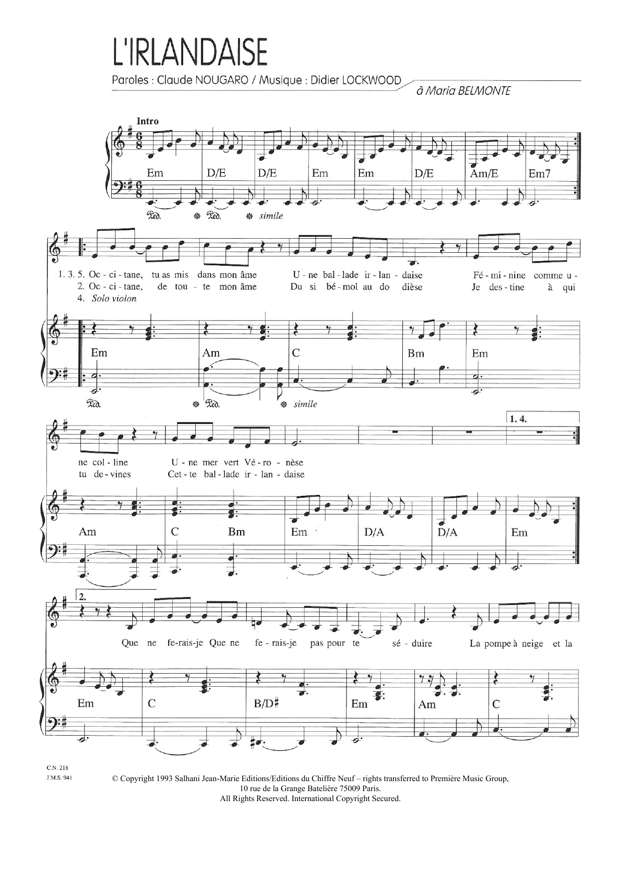 L'Irlandaise (Piano & Vocal) von Claude Nougaro