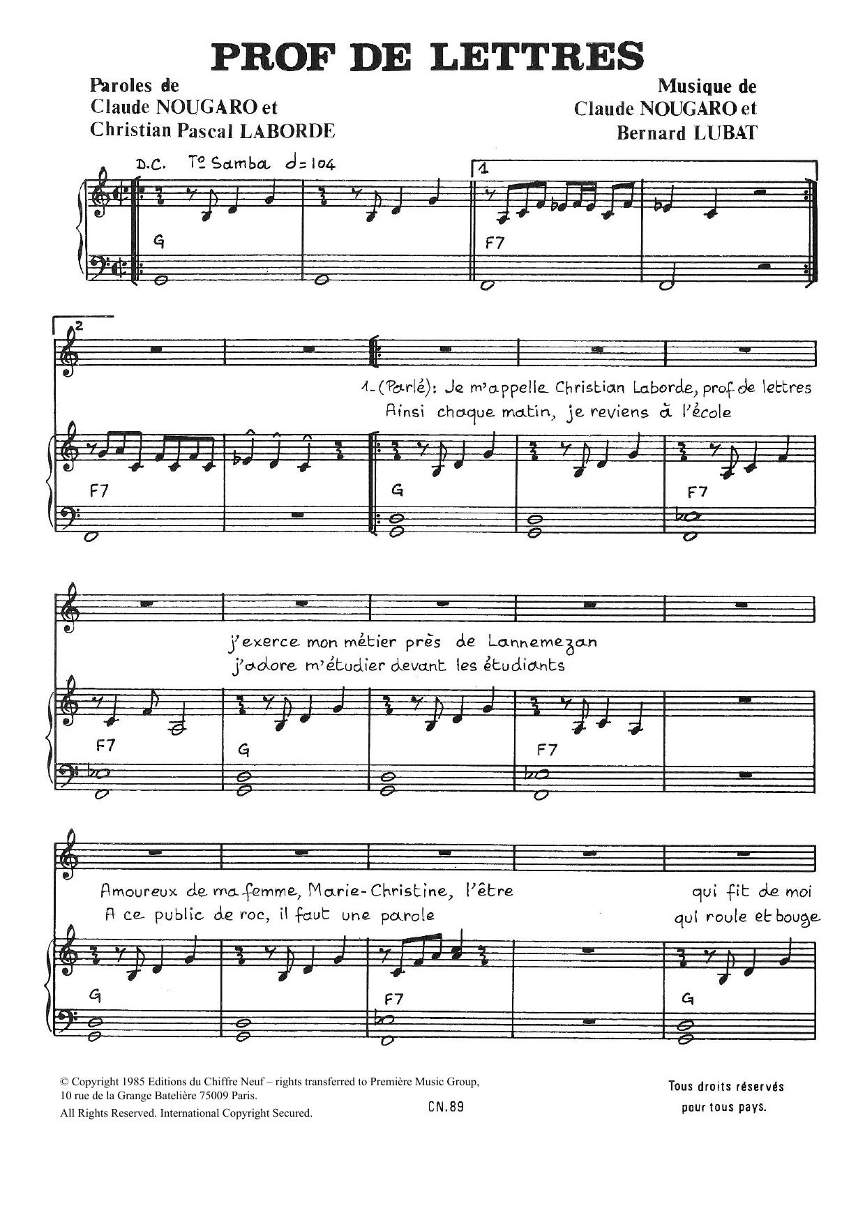Prof De Lettres (Piano & Vocal) von Claude Nougaro