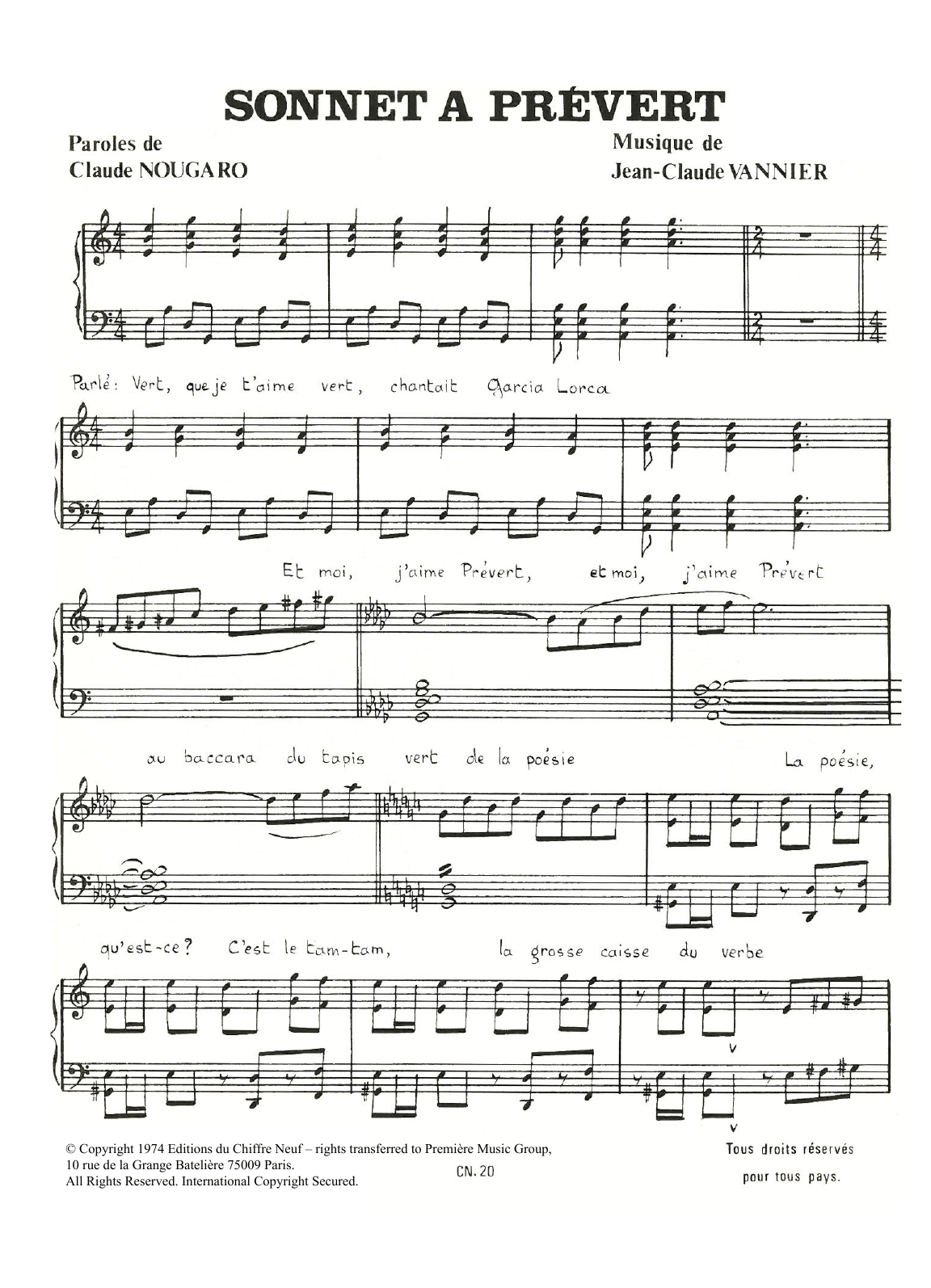 Sonnet A Prevert (Piano & Vocal) von Claude Nougaro