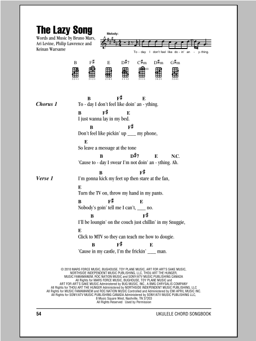 The Lazy Song (Ukulele Chords/Lyrics) von Bruno Mars