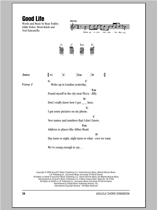 Good Life (Ukulele Chords/Lyrics) von OneRepublic