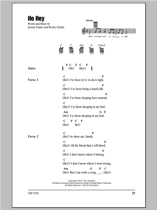 Ho Hey (Ukulele Chords/Lyrics) von The Lumineers