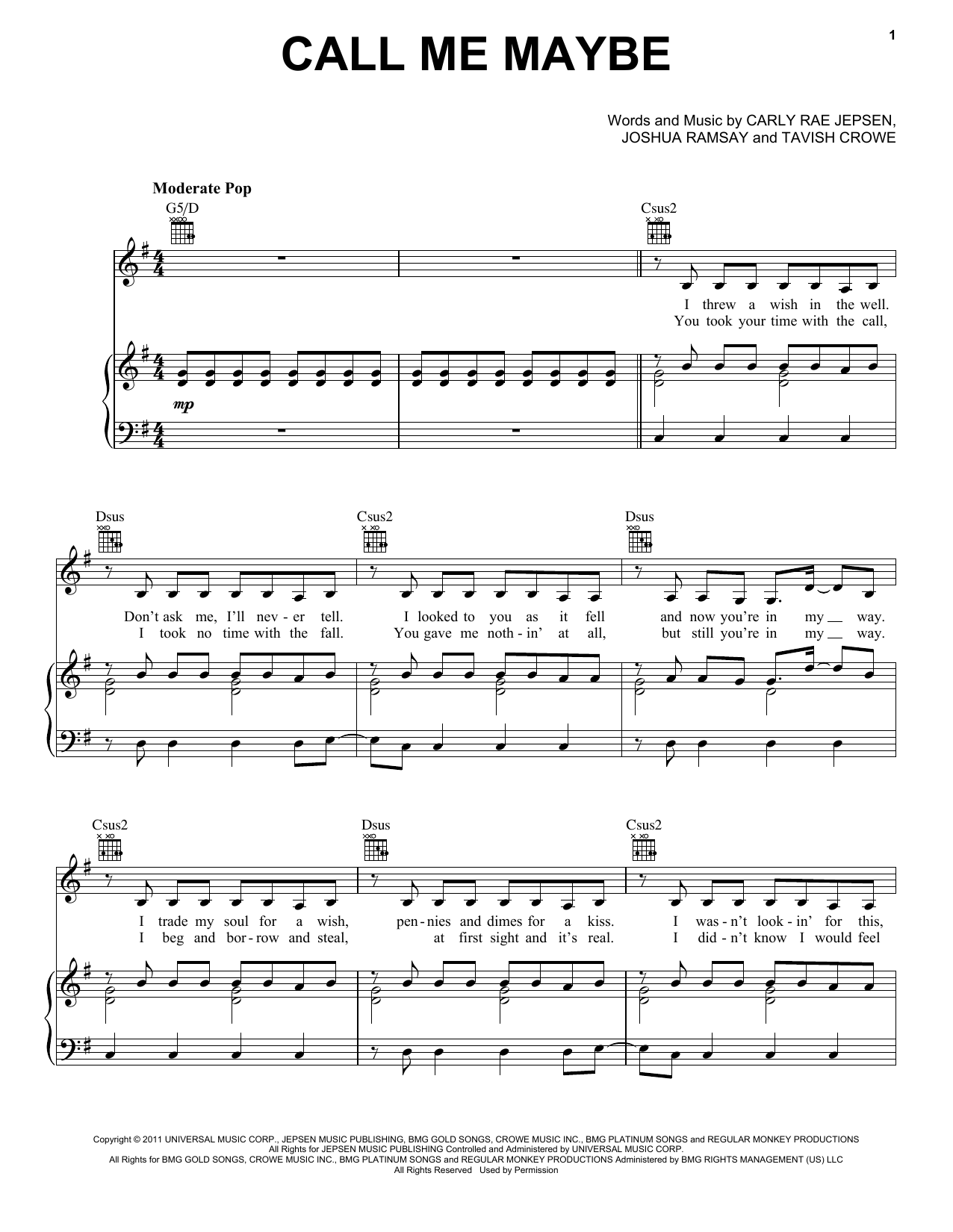 Call Me Maybe (Piano, Vocal & Guitar Chords (Right-Hand Melody)) von Carly Rae Jepsen