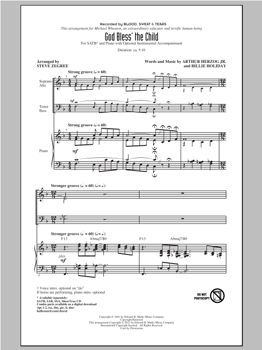 God Bless' The Child (arr. Steve Zegree) (SATB Choir) von Blood, Sweat & Tears