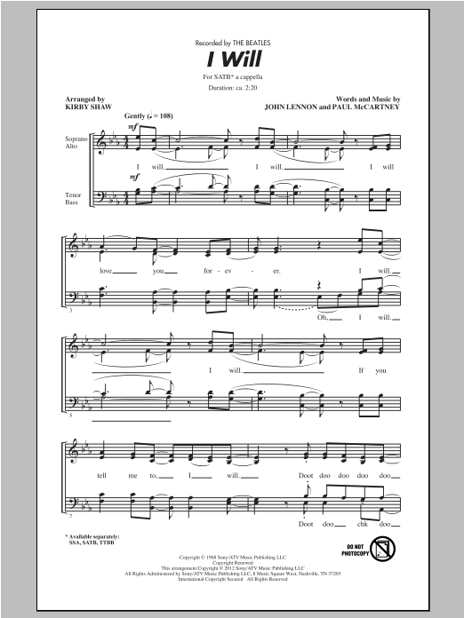 I Will (arr. Kirby Shaw) (SATB Choir) von The Beatles