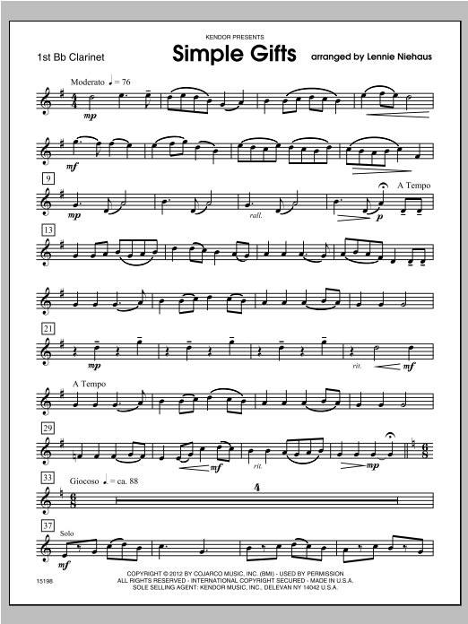 Simple Gifts - Clarinet 1 (Woodwind Ensemble) von Niehaus
