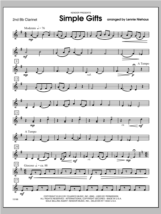 Simple Gifts - Clarinet 2 (Woodwind Ensemble) von Niehaus