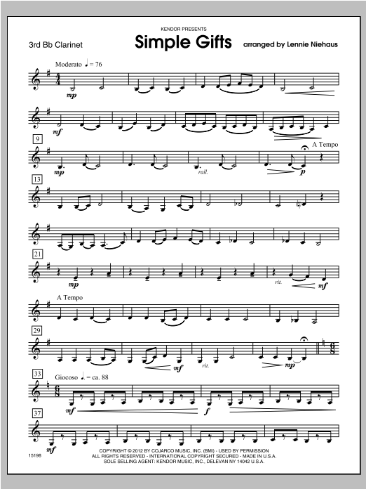 Simple Gifts - Clarinet 3 (Woodwind Ensemble) von Niehaus