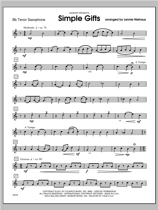 Simple Gifts - Tenor Sax (Woodwind Ensemble) von Niehaus