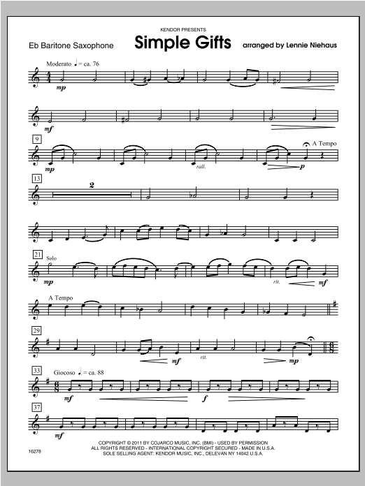 Simple Gifts - Baritone Sax (Woodwind Ensemble) von Niehaus