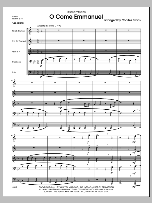 O Come Emmanuel - Full Score (Brass Ensemble) von Evans