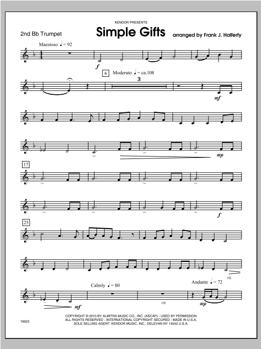 Simple Gifts - Trumpet 2 (Brass Ensemble) von Halferty