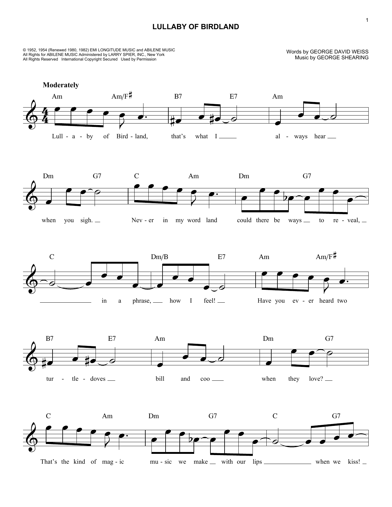 Lullaby Of Birdland (Lead Sheet / Fake Book) von George Shearing
