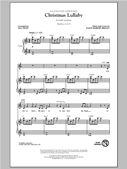 Christmas Lullaby (from Songs for a New World) (arr. Mac Huff) (SAB Choir) von Jason Robert Brown
