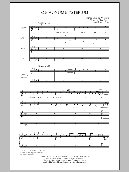 O Magnum Mysterium (ed. Alice Parker and Kirby Shaw) (SATB Choir) von Tomas Luis De Victoria