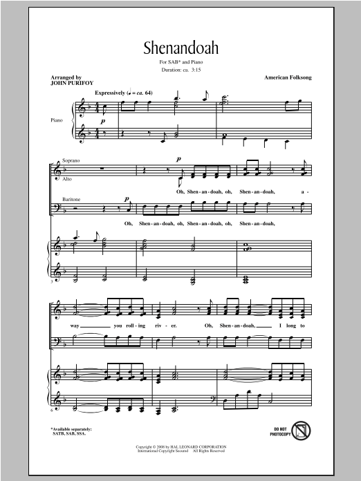 Shenandoah (SAB Choir) von John Purifoy